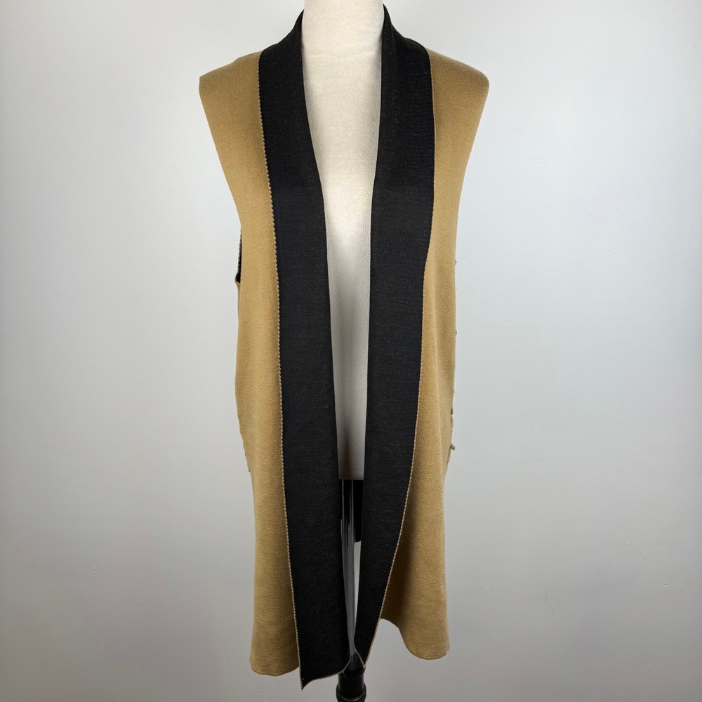 August Silk Womens Tan Black Silk Blend Lace Up Side Longline Open Front Vest LG
